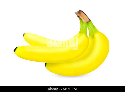 Giallo maturo banane frutta, mazzetto di banane mature con macchie scure su sfondo bianco con percorso di clipping. Foto Stock