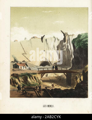 Vista della superficie di una miniera, secolo XIX, con gru, edifici, bridge, verricello, rifugi, scavi, ecc. Les Mines. Litografia Handcolored da Emile Lemaitre ha da Munerelle's Les Phenomenes et Curiosites de la natura (fenomeni naturali e curiosità), Derivaux Libraire, Strasburgo, 1856. Foto Stock