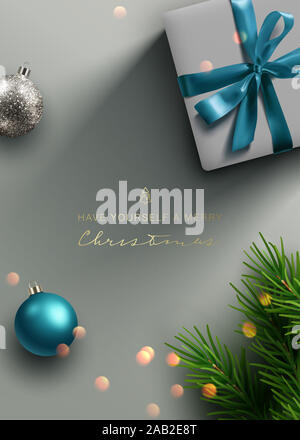 Elegante sfondo di Natale, banner, telaio, Intestazione di sfondo o biglietto di auguri design con decorazioni di Natale compreso baubles confezione regalo, abete tagliato Foto Stock