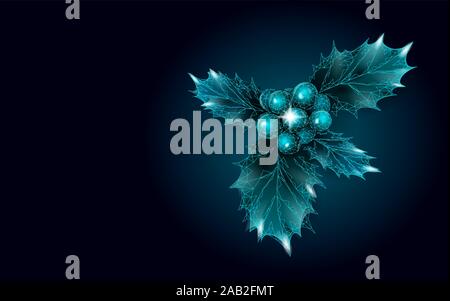 Holly il ramo a bassa poli bacche simbolo del Natale. Vacanza tradizionale decor nuovo anno ghirlanda di foglie. Dark Blue design realistico vettore 3d Illustrazione Vettoriale