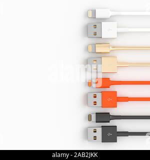 Set di connessione usb cavi su sfondo bianco. Immaginate 3D render Foto Stock