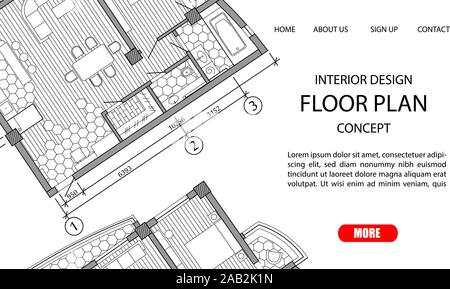 Concetto di piano del pavimento di un moderno appartamento. Interior design loft con cucina, camera da letto, bagno, soggiorno e balcone. Modello di sito di vettore Illustrazione Vettoriale