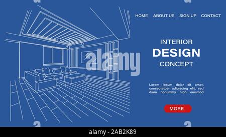 Concetto di design interno del modello di sito con blueprint schizzo di un soggiorno moderno. Vettore di architettura Illustrazione Vettoriale