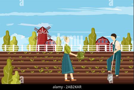 Paio di agricoltore la gente lavora in giardino. Granaio rosso, cielo blu e verdi alberi sullo sfondo. Famiglia Agricoltura business idea vettore Illustrazione Vettoriale