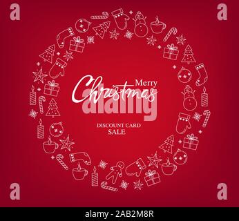 Buon Natale Vendita discount card con una corona piena di decorazioni per le vacanze. Gingerbread cookies, abeti, guanti, calze, confezioni regalo, candele e l Illustrazione Vettoriale