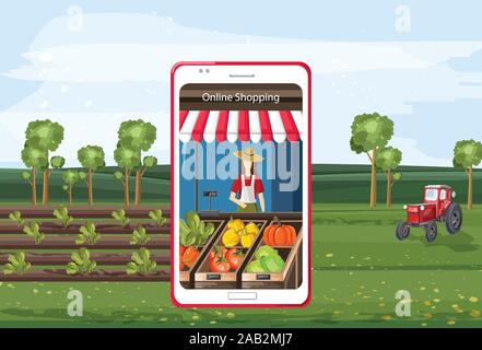 Shopping online di verdura biologica su smart phone app. Trattore rosso in campo con piante. Blue sky. Futuro dell'agricoltura idea Illustrazione Vettoriale