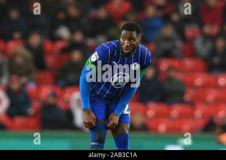 23 novembre 2019, Bet365 Stadium, Stoke-on-Trent, Inghilterra; Sky scommessa campionato, Stoke City v Wigan Athletic : Cheyenne Dunkley (22) di Wigan atletico durante il gioco Credito: Richard Long/news immagini Foto Stock