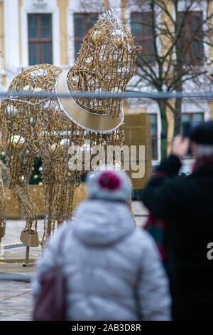 Magdeburg, Germania. 22 Novembre, 2019. Vi è una catena di luci cavallo sulla piazza della cattedrale. L'installazione appartiene alla "Il mondo di luci' che è attualmente in fase di costruzione. Il "mondo di luci' inizia il 25 novembre 2019 e può essere visto fino al 02 febbraio 2020. Credito: Klaus-Dietmar Gabbert/dpa-Zentralbild/ZB/dpa/Alamy Live News Foto Stock