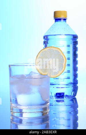 Wasserglas mit limone und Wasserflasche Foto Stock