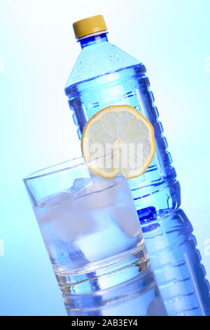 Wasserglas mit limone und Wasserflasche Foto Stock