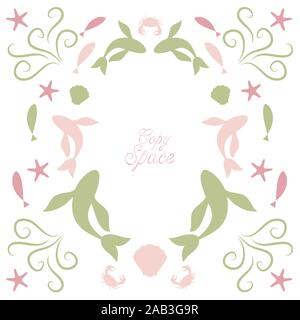 Cornice ornamentale di motivi marini, pesci, delfini, conchiglie e stelle marine e uno spazio vuoto per il testo Illustrazione Vettoriale