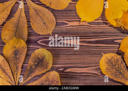 Foglie di autunno di castagna su un tavolo di legno Foto Stock