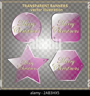 Striscioni trasparente buon Natale. Set brillante banner con effetto vetro. Illustrazione Vettoriale. Illustrazione Vettoriale