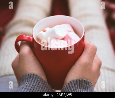 In prossimità di una gustosa tazza di cioccolata calda con marshmallow nelle mani della donna Foto Stock