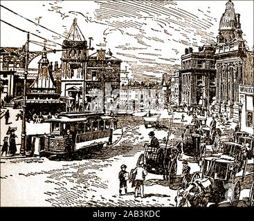 1921 vintage vista della Piazza Fitzalan e tram a cavalli di arresto della cabina in Sheffield, Inghilterra Foto Stock
