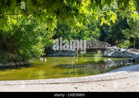 Lago centrale e ponte in il Giardino Nazionale, Atene, Grecia Foto Stock