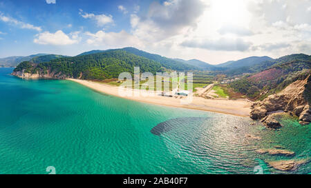 La spiaggia di Aselinos isola Skiathos da fuco vista, Grecia Foto Stock