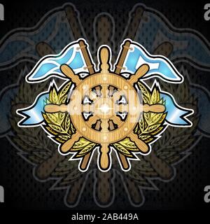 Volante tra golden wreath e bandiere sulla lavagna. Sport logo per qualsiasi yachting o sailing team o campionato Illustrazione Vettoriale