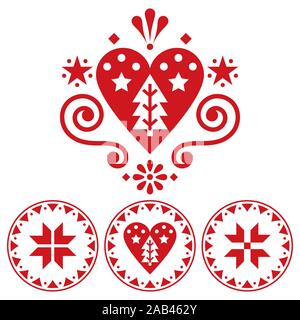 Natale folk scandinava vettore art design - unica collezione di modelli con cuori, fiori, i fiocchi di neve e alberi di Natale Illustrazione Vettoriale