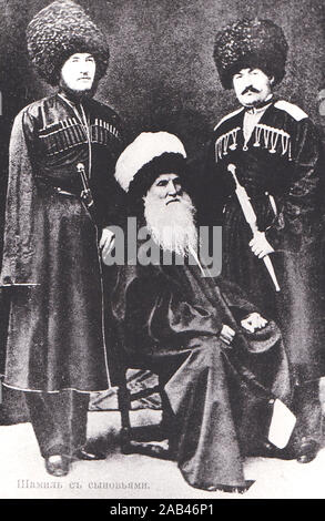 L Imam Shamil con i suoi figli. L Imam Shamil - politico, militare e capo spirituale della resistenza del Caucaso alla Russia imperiale nel 1800s, il terzo Imam della Imamate caucasico (1840-1859), e un Shaykh dei Sufi Naqshbandi Tariqa. Foto Stock