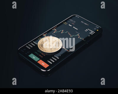 Cryptocurrency exchange trading mobile Bitcoin. Smartphone con bitcoins monete d oro e stack exchange trading grafico. 3D rendering immagine Foto Stock