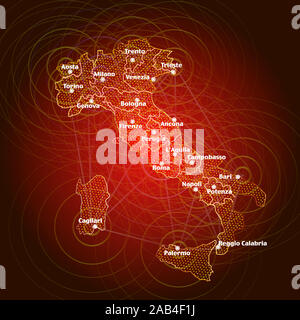 Mappa dell'Italia. Illustrazione luminoso Mappa di Italia con le linee di comunicazione. Foto Stock
