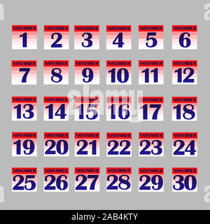 Set di pulsanti con le date del calendario per il mese di novembre. Per la pianificazione di importanti giorni. Banner per i giorni festivi e giorni speciali. Illustrazione con sfondo scuro. Foto Stock