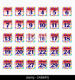 Set di pulsanti con le date del calendario per il mese di novembre. Per la pianificazione di importanti giorni. Banner per i giorni festivi e giorni speciali. Illustrazione con sfondo scuro. Foto Stock