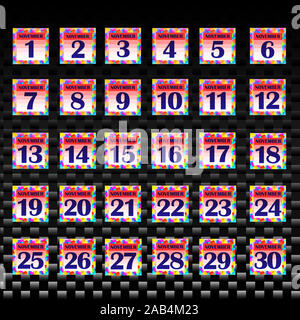 Set di pulsanti con le date del calendario per il mese di novembre. Per la pianificazione di importanti giorni. Banner per i giorni festivi e giorni speciali. Illustrazione con sfondo nero. Foto Stock
