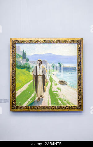 Tela "Cristo sulle rive del lago Genisaret,' da V. Polenov incorniciato. Gesù Cristo è a piedi lungo la strada. Foto Stock