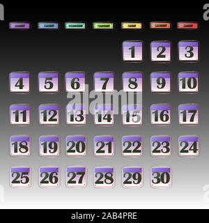 Set di pulsanti con le date del calendario per il mese di novembre. Per la pianificazione di importanti giorni. Banner per i giorni festivi e giorni speciali. Illustrazione con sfondo nero. Foto Stock
