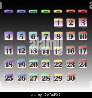 Set di pulsanti con le date del calendario per il mese di novembre. Per la pianificazione di importanti giorni. Banner per i giorni festivi e giorni speciali. Illustrazione con sfondo nero. Foto Stock