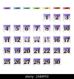 Set di pulsanti con le date del calendario per il mese di novembre. Per la pianificazione di importanti giorni. Banner per i giorni festivi e giorni speciali. Illustrazione con sfondo nero. Foto Stock