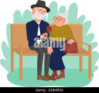 Caucasian vecchia coppia seduta sulla panchina nel parco, felici le persone anziane godendo all'esterno. Il nonno dando rose fiore alla nonna. Sfondo bianco Illustrazione Vettoriale