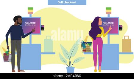 Maschi e femmine di clienti utilizzano self cassa in un supermercato, self service lane in un negozio di alimentari. Piano di stock di stile illustrazione vettoriale Illustrazione Vettoriale
