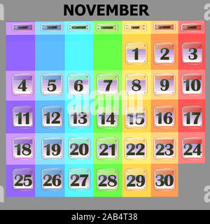 Set di pulsanti con le date del calendario per il mese di novembre. Per la pianificazione di importanti giorni. Banner per i giorni festivi e giorni speciali. Illustrazione con sfondo nero. Foto Stock