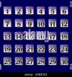 Set di pulsanti con le date del calendario per il mese di novembre. Per la pianificazione di importanti giorni. Banner per i giorni festivi e giorni speciali. Illustrazione con sfondo nero. Foto Stock