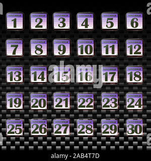 Set di pulsanti con le date del calendario per il mese di novembre. Per la pianificazione di importanti giorni. Banner per i giorni festivi e giorni speciali. Illustrazione con sfondo nero. Foto Stock