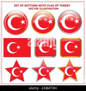 Pulsanti luminosi con bandiera della Turchia. Felice giorno Turchia pulsanti. I pulsanti colorati con bandiera. Illustrazione Vettoriale. Illustrazione Vettoriale