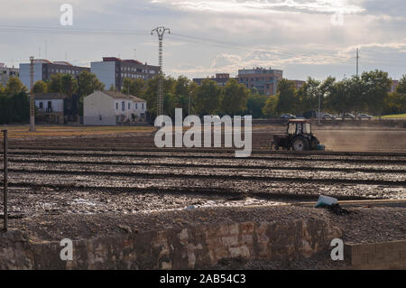 Al tramonto, il trattore aratri il campo di "chufa Foto Stock