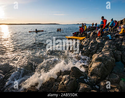 Lothian Sea Kayak Club kayakers preparare a partire dalla costa rocciosa con kayak, Isola di agnello, Firth of Forth, Scotland, Regno Unito Foto Stock