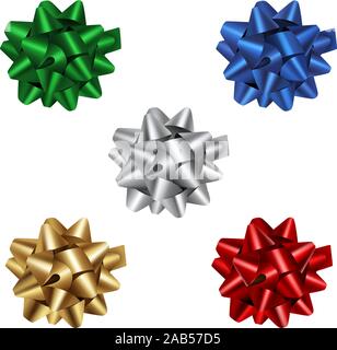 Impostare isolato verde, blu, argento, oro un fiocco rosso per natale e decorazioni di compleanno Illustrazione Vettoriale