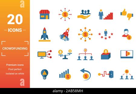 Icona Crowdfunding set. Includere elementi creativi marketplace, partecipazione sociale, pre-release, ricompense, piattaforma di finanziamento delle icone. Può essere utilizzata per Illustrazione Vettoriale
