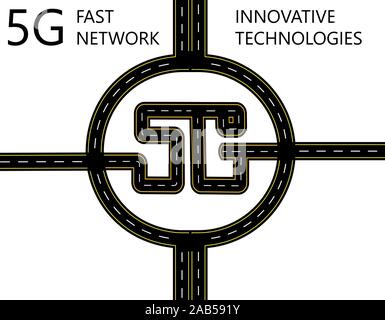 Strada. Autostrada con contrassegni gialli stilizzati 5g iscrizione e movimento circolare. Isolato illustrazione vettoriale Illustrazione Vettoriale