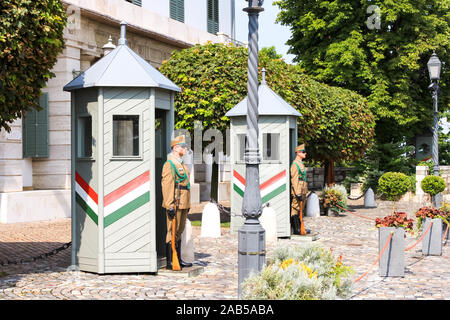 BUDAPEST, Ungheria 29 LUGLIO 2019: guardie armate di onore al Royal Sandor Palace, presidente di Ungheria residence sulla Collina di Buda. Nazionale ungherese di symbo Foto Stock