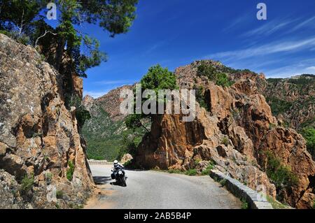 Motociclista sulla strada del passo da Porto di Evisa attraverso la valle di Ota in Corsica, Francia, Europa Foto Stock