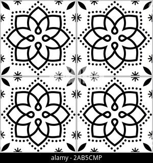 Geometrica vettore Azulejo piastrella seamless pattern monocromatico ispirato da arte portoghese, Lisbona stile Sfondo piastrelle Illustrazione Vettoriale