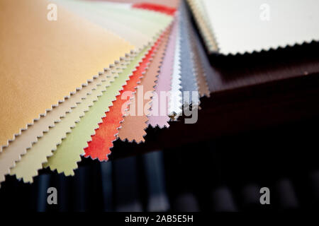 In pelle naturale i campioni di rivestimento con cuciture in colori vari Foto Stock