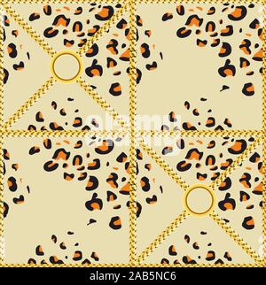 A pelle di leopardo con pattern di catene d'oro. Design di lusso di stampa per tessuto. - Vettore Illustrazione Vettoriale