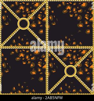 A pelle di leopardo con pattern di catene d'oro. Design di lusso per la stampa di tessuto su sfondo nero. - Vettore Illustrazione Vettoriale
